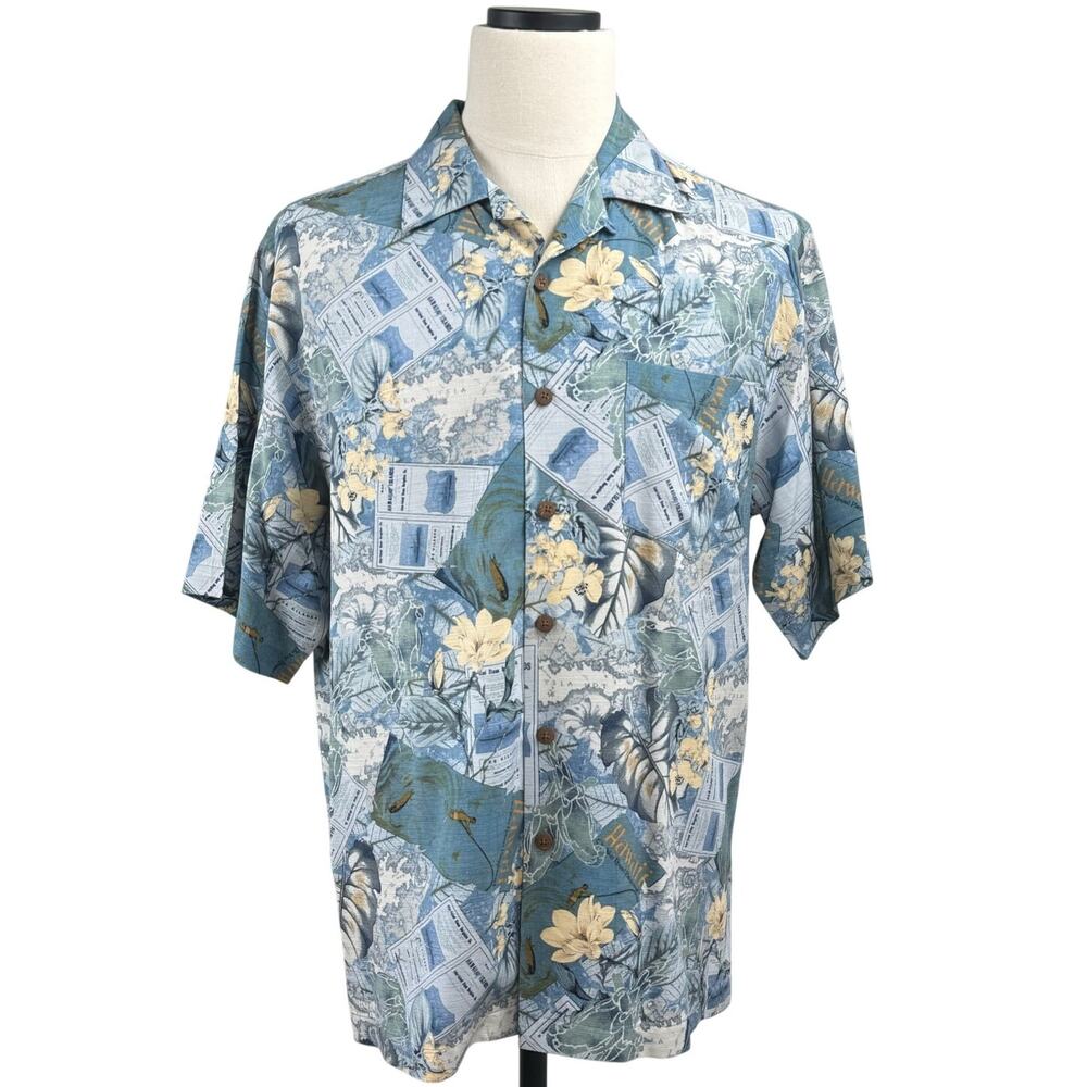 Vintage 90s Three Palms Silk Hawaiian Shirt Mens M Blue Tropical Aloha